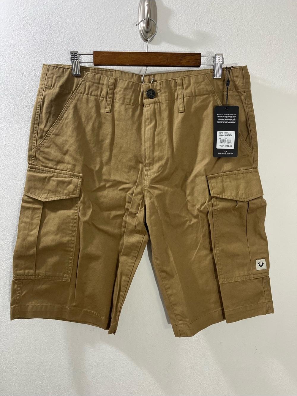 True Religion Mens Cotton  Cargo Shorts Portobello 105030 Khaki Size 32 $129